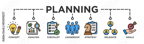 Planning banner web icon illustration concept with icon of concept, analysis, checklist, leadership, strategy, delegate and goals