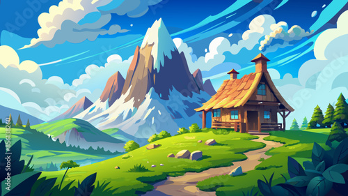 A fantasy landscape with a small hut at the base of a high rocky mountain peak, The cottage is surrounded by a lush green lawn, There are fluffy white clouds in the clear blue sky