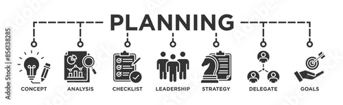 Planning banner web icon illustration concept with icon of concept, analysis, checklist, leadership, strategy, delegate and goals