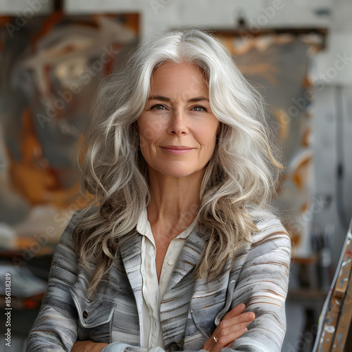 Middle age grey-haired woman artist smiling confident drawing at art studio isolated on white background, simple style, png  © Anton