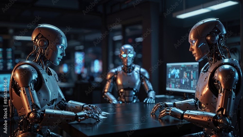 Three Humanoid Robots Sitting at a Table to Discuss Business Problems Three Humanoid Robots Sitting at a Table to Discuss Business Problems