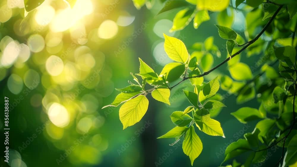 Close-up of vibrant green leaves illuminated by sunlight with blurred forest background Close-up of vibrant green leaves illuminated by sunlight with blurred forest background