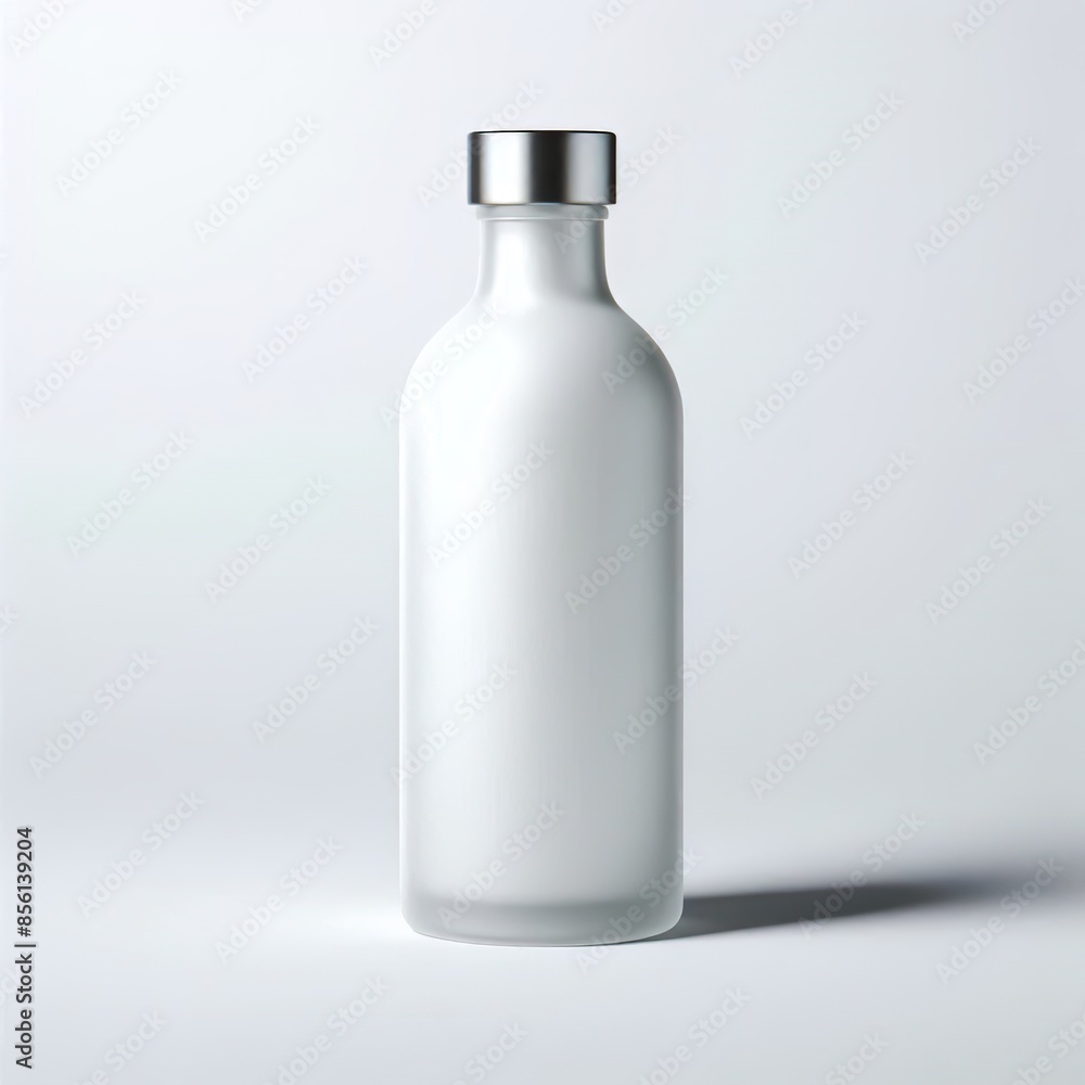 3D White frosted glass bottle with long silver chrome cap front on, white background 3D White frosted glass bottle with long silver chrome cap front on, white background