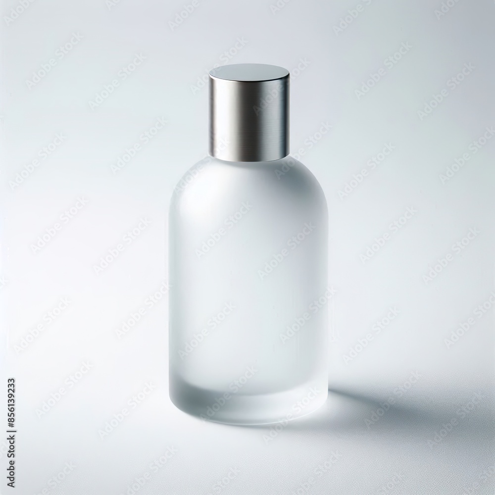 3D White frosted glass bottle with long silver chrome cap front on, white background 3D White frosted glass bottle with long silver chrome cap front on, white background