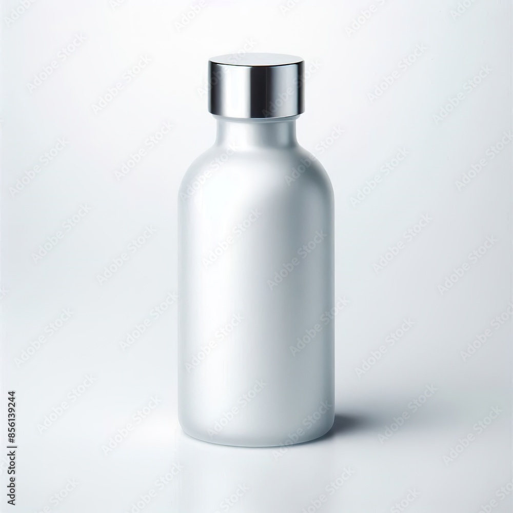 3D White frosted glass bottle with long silver chrome cap front on, white background 3D White frosted glass bottle with long silver chrome cap front on, white background