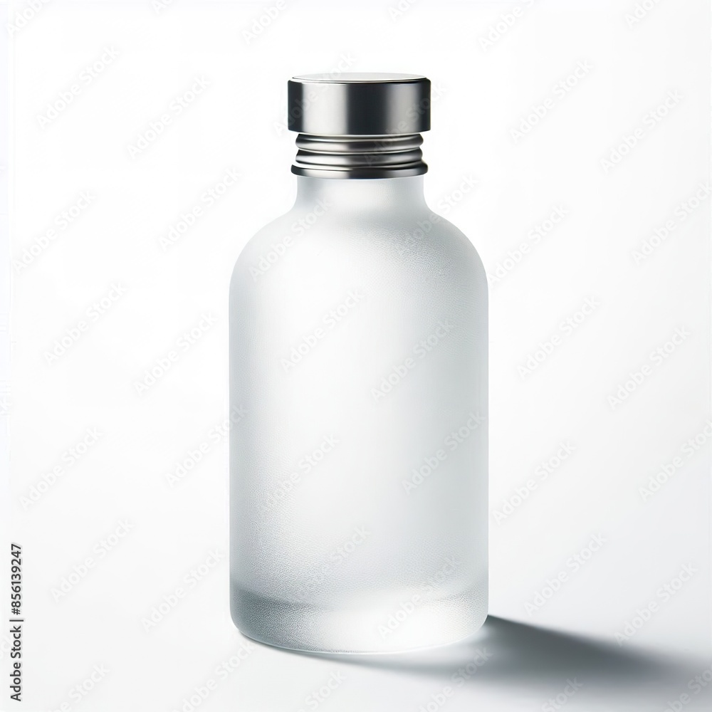 3D White frosted glass bottle with long silver chrome cap front on, white background 3D White frosted glass bottle with long silver chrome cap front on, white background
