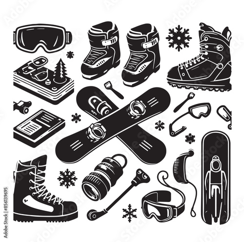 Snowboarding elements silhouette, Snowboarding elements, Snowboard silhouette, Snowboarding equipment vector set, Snowboarding vector set.