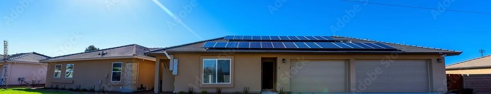 A suburban home with newly installed solar panels on the roof under a clear blue sky, side view, highlighting sustainable living, futuristic tone, Complementary Color Scheme A suburban home with newly installed solar panels on the roof under a clear blue sky, side view, highlighting sustainable living, futuristic tone, Complementary Color Scheme