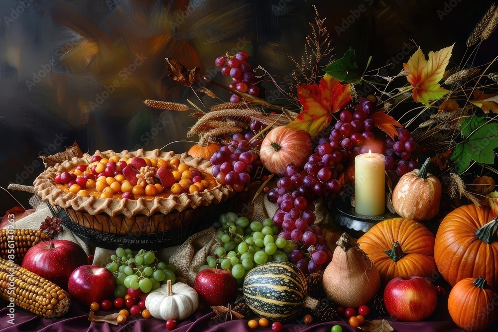 A bountiful harvest scene featuring a pie, grapes, pumpkins, apples, corn, and candles, embodying the essence of autumn and Thanksgiving.
