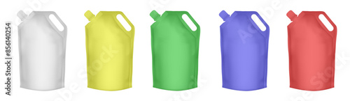 Spouted pouch with handle. Set of white, yellow, green, blue and red doypack packaging with screw cap. Stand up doy pack mock up set. Laundry detergent refill	