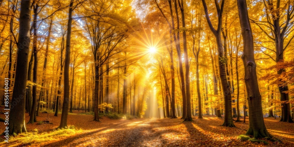 Fototapeta premium Golden autumn forest with sunlight