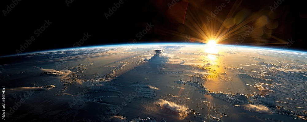 Breathtaking view of sunrise over the Earth from space, showcasing the horizon, clouds, and glowing sun. Breathtaking view of sunrise over the Earth from space, showcasing the horizon, clouds, and glowing sun.