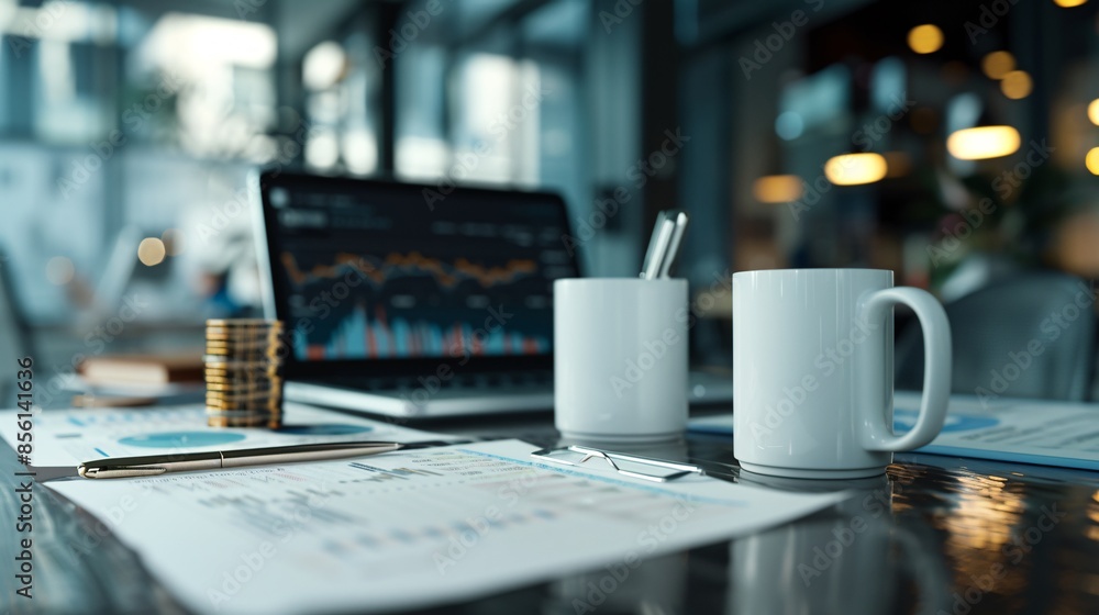 A digitally rendered image of a modern office desk cluttered with financial documents, laptops, and coffee cups, reflecting the busy life of a financial analyst. The scene is hyper-detailed, with A digitally rendered image of a modern office desk cluttered with financial documents, laptops, and coffee cups, reflecting the busy life of a financial analyst. The scene is hyper-detailed, with
