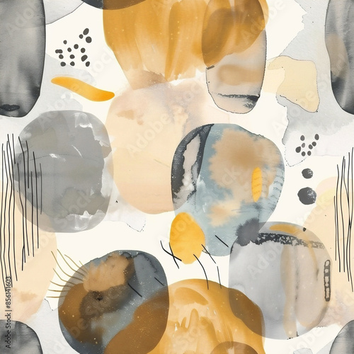 Modern Abstract Watercolor seamless Pattern in Earthy Tones of Yellow, Gray, and Black. Background for wrapping paper or textile with splashes and spots photo