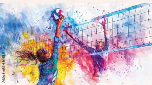 Two female athletes playing volleyball.