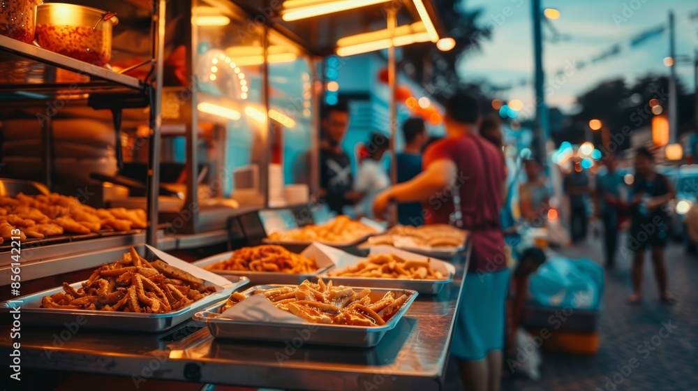 Fototapeta premium Bustling street food market with various food trays and string lights in the evening. Vibrant culinary and night market concept.