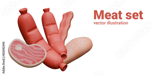 Meat set on white background. Sausages, bacon, steak, fillet