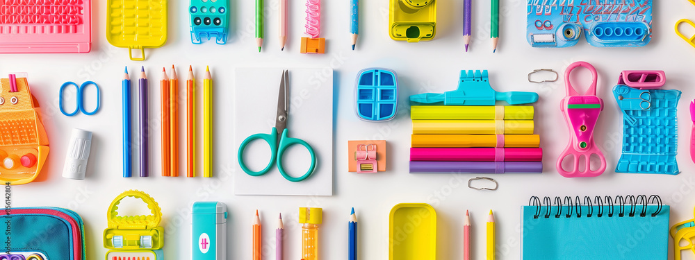Back to school, education concept. Flat lay with various school supplies, pencil, pen, paper clip, notebook, scissors etc. White background. Back to school, education concept. Flat lay with various school supplies, pencil, pen, paper clip, notebook, scissors etc. White background.