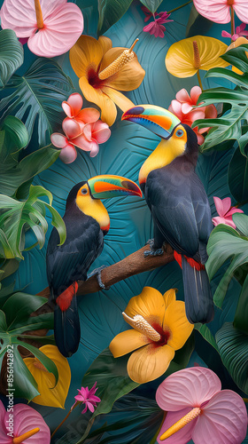  July flowers are colorful tropical flowers with two beautiful Knobbed Hornbills sitting on a branch in the forest,tropical flowers, orchids, anthuriums and green leave . photo