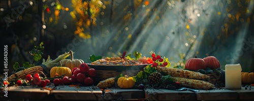 Rustic autumn harvest table setting with seasonal fruits, vegetables, and a pie under dappled sunlight in a forest. photo