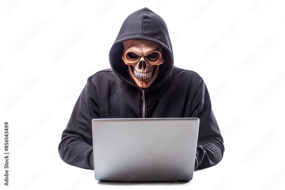 skull hacker with laptop computer on transparent background skull hacker with laptop computer on transparent background