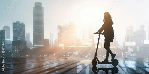 Young Woman Riding Electric Scooter in Modern City Center After Work. Green Travel Concept, Leisure and Slow Living. Perfect for Outdoor Activities, Lifestyle, and Vacation. High-Resolution AI-Generat
