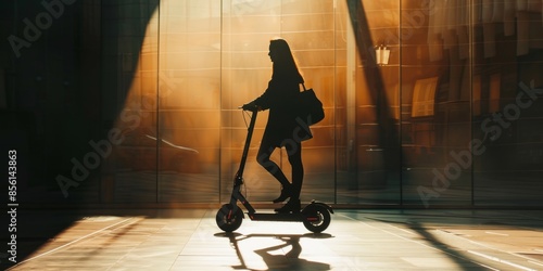 Young Woman Riding Electric Scooter in Modern City Center After Work. Green Travel Concept, Leisure and Slow Living. Perfect for Outdoor Activities, Lifestyle, and Vacation. High-Resolution AI-Generat photo