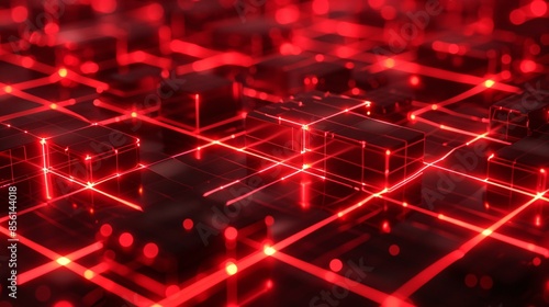 Fototapeta Naklejka Na Ścianę i Meble -  Abstract red technology background with glowing cubes, a 3D rendering of a red glowing blockchain network with interconnected blocks and data fields.