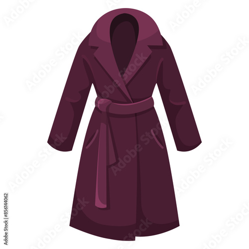 A dark burgundy coat featuring a belt tied at the waist. Illustrated in a flat graphic style on a white background. Concept of fashion. Vector illustration