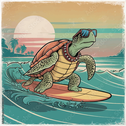 a cool turtle wearing sunglasses on surfboard