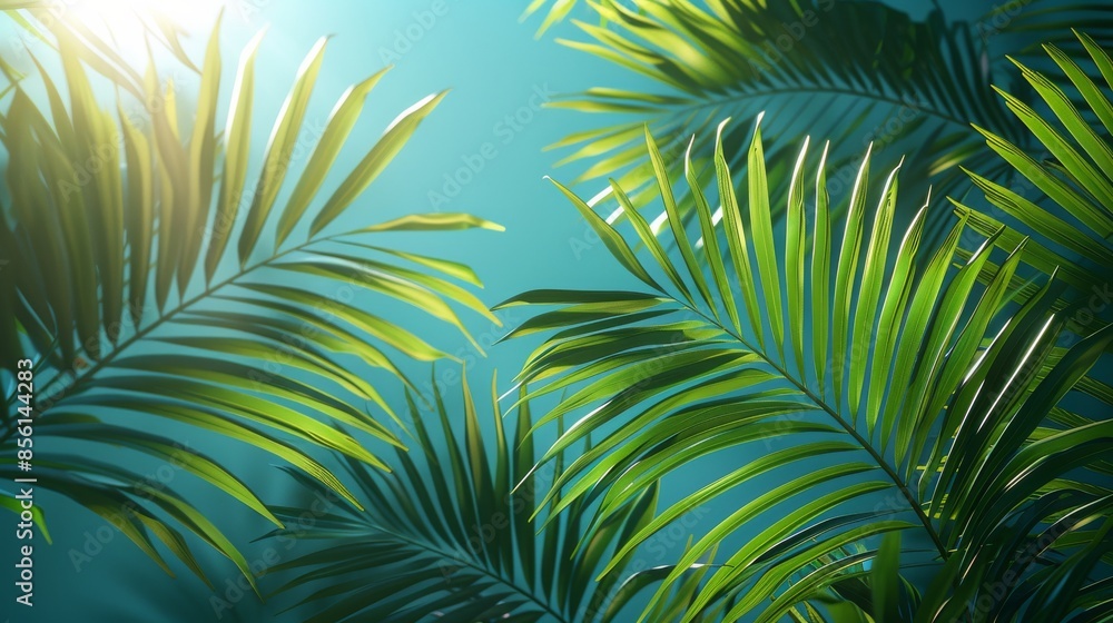 Green palm leaves with sunlight on teal background Green palm leaves with sunlight on teal background