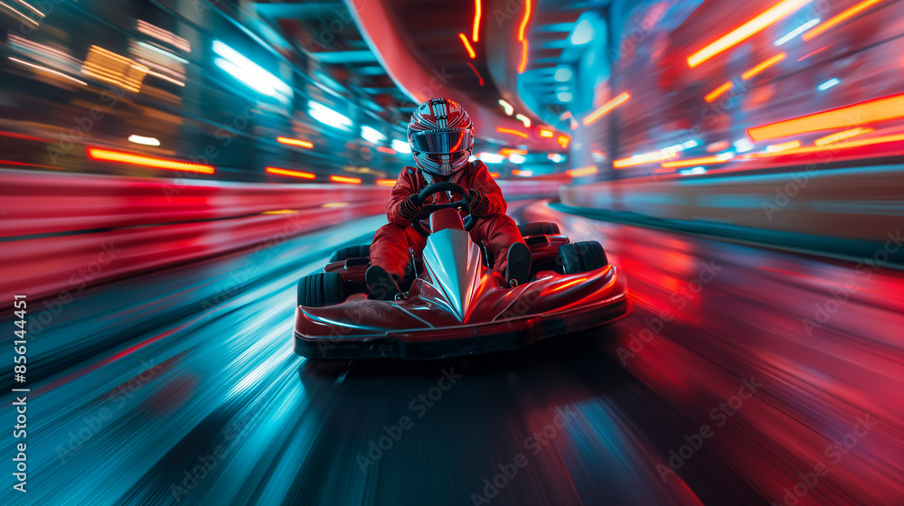 A go-kart racer in action on an indoor track. The racer is wearing a ...