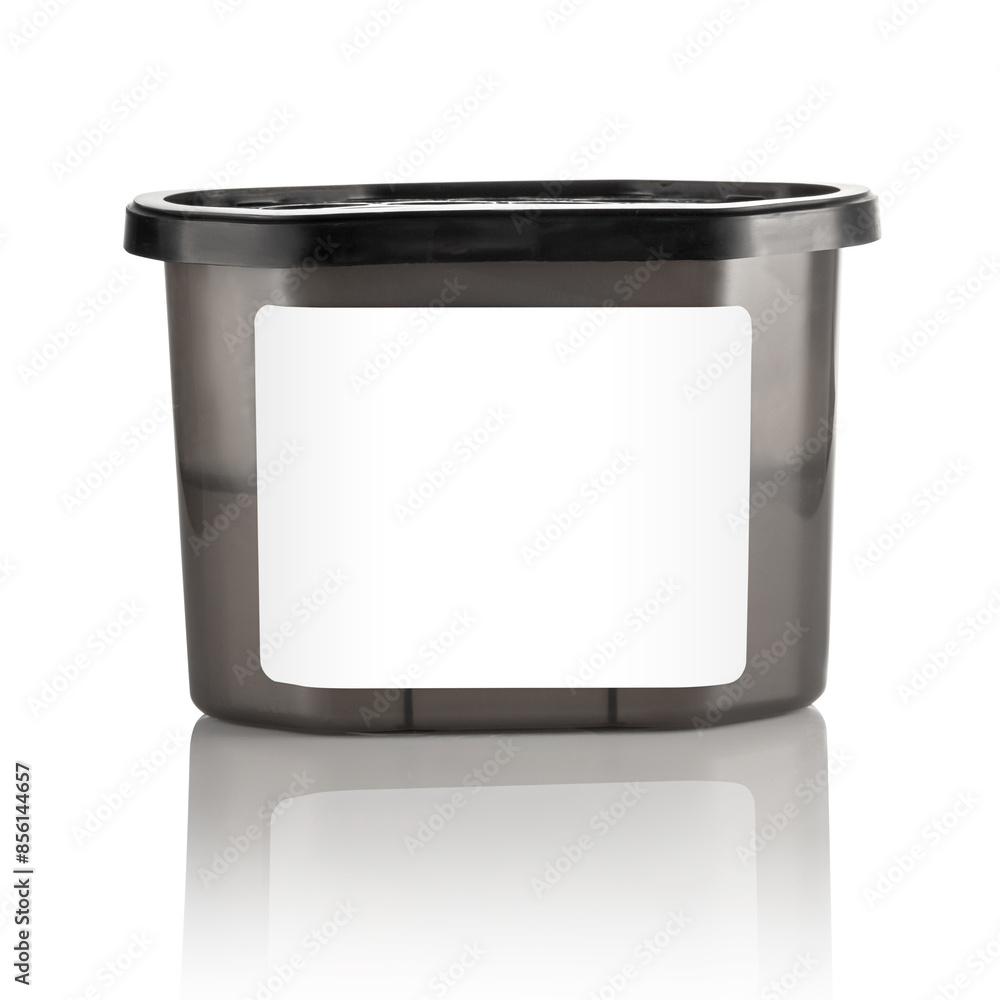 Moisture absorber half filled with hygroscopic granules visible through semi-transparent brown container, with vented black lid on top and clean label area for branding or product information. Moisture absorber half filled with hygroscopic granules visible through semi-transparent brown container, with vented black lid on top and clean label area for branding or product information.