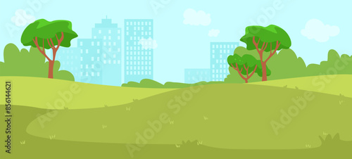 Cartoon cityscape park with trees and buildings in the background. Vector illustration