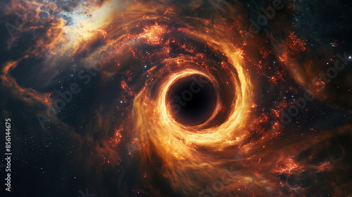 cosmic scene with a dominant black hole at its center. Surrounding the black hole is a swirling mass of fiery orange and red gas and dust, creating an aura of intense energy.