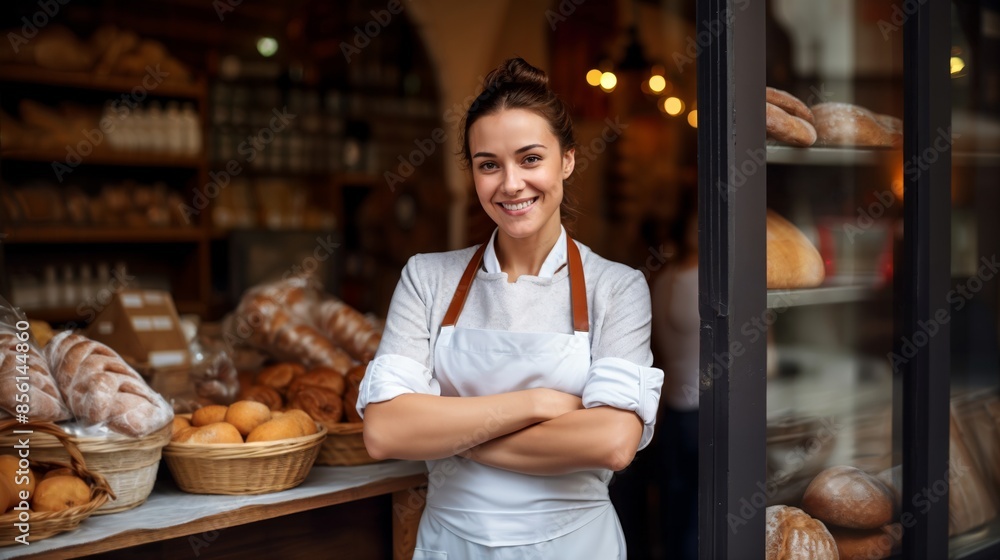 A cheerful female baker stands proudly in front of her bakery, surrounded by various types of bread and pastries, smiling warmly at the camera. A cheerful female baker stands proudly in front of her bakery, surrounded by various types of bread and pastries, smiling warmly at the camera.
