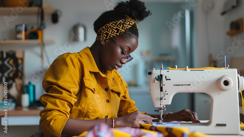 Focused African American woman using a sewing machine in a creative studio environment, showcasing concentration and craftsmanship in fashion design.