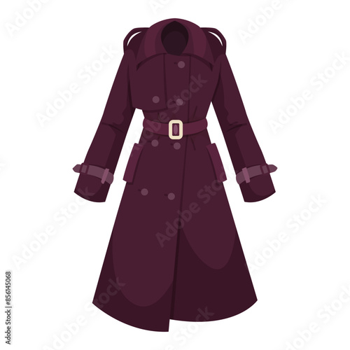 Illustration of a maroon coat with a belt buckle, on a plain white background. Fashion concept. Vector illustration