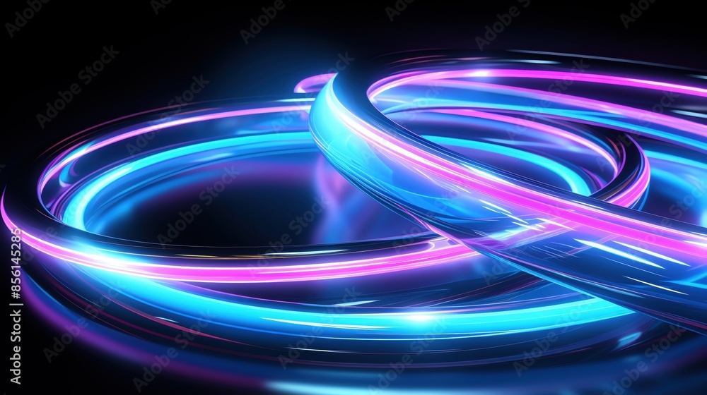 Abstract glowing neon rings in blue and purple on a black background. Abstract glowing neon rings in blue and purple on a black background.