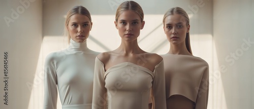 Three women stand close, wearing minimalist, neutral-toned clothing, framed by soft, natural light in a modern, symmetrical setting.