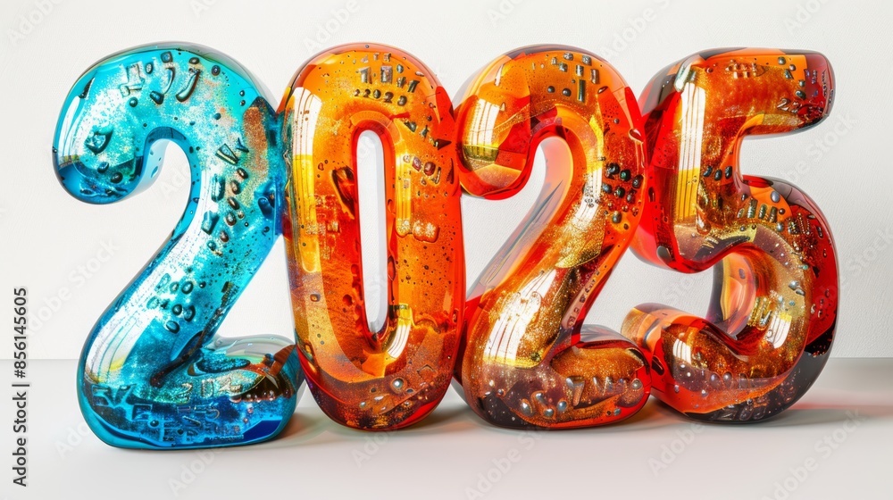 Colorful Glass 2025 Decoration. Vibrant, colorful glass numbers forming