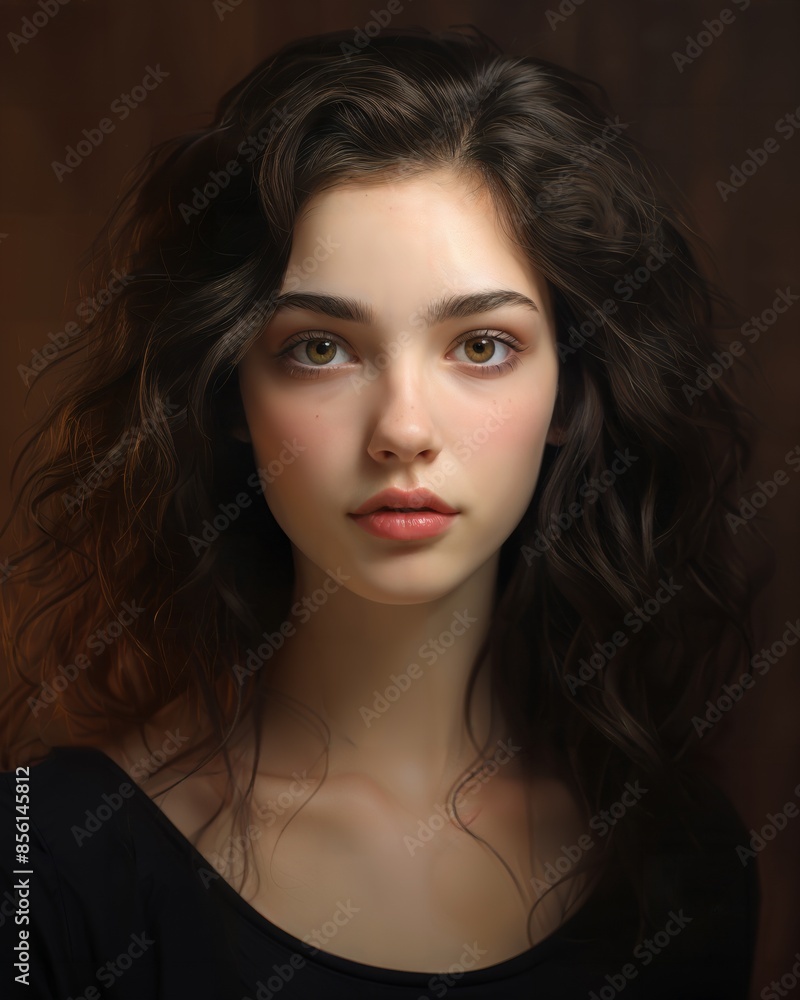 A young woman with wavy dark hair and a serene expression gazes at the camera, set against a dark, neutral background. A young woman with wavy dark hair and a serene expression gazes at the camera, set against a dark, neutral background.
