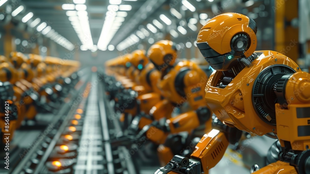 Fototapeta premium A robot is working in a factory with other robots