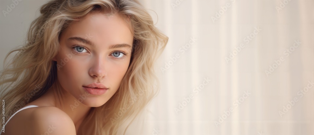 A young woman with long blonde hair and blue eyes looks directly at the camera, against a soft, light background. A young woman with long blonde hair and blue eyes looks directly at the camera, against a soft, light background.