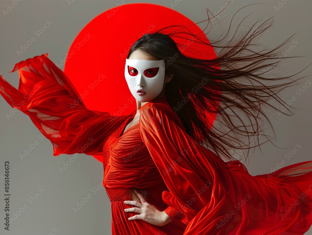 a woman in a red dress and white mask a woman in a red dress and white mask