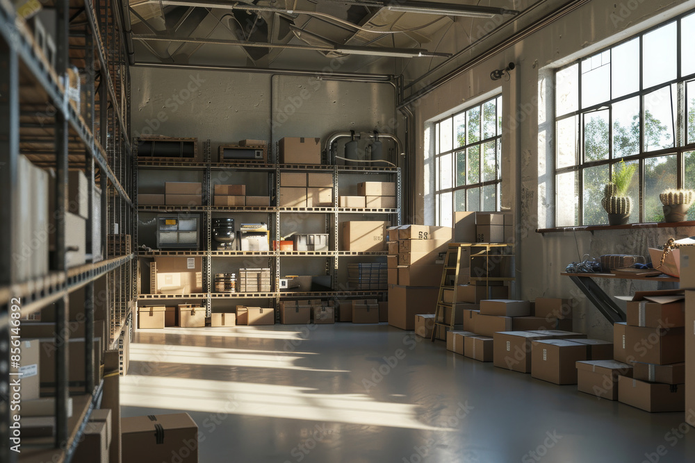 Shelves full of various boxed items in a well-organized warehouse with large windows letting in natural light, suggesting an efficient and orderly storage system. Shelves full of various boxed items in a well-organized warehouse with large windows letting in natural light, suggesting an efficient and orderly storage system.