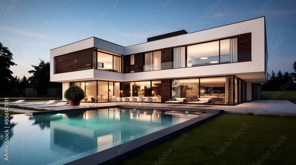 Fototapeta premium A luxurious modern mansion with a pool, showcasing contemporary architecture and high-end living.