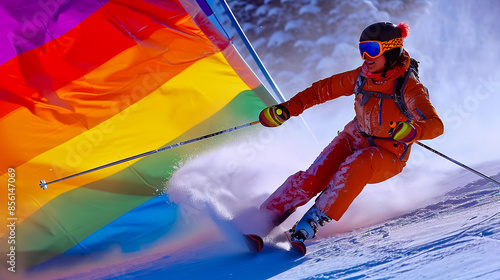 Woman snow bunny skiing. LGBT flag. photo