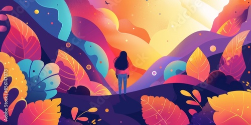 The photo shows a girl standing in a surreal landscape with bright colors and strange plants.
