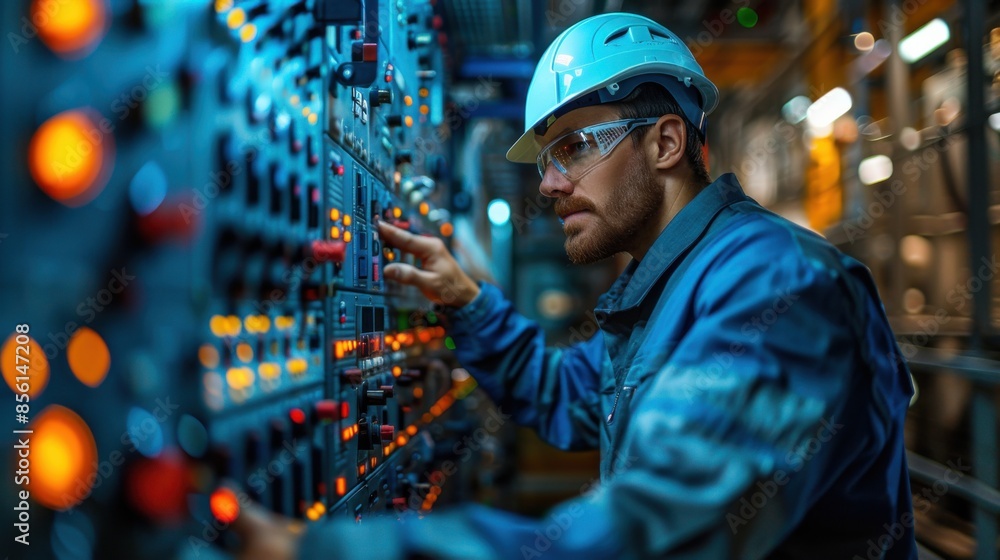 A man in a blue jacket is working on a control panel with a yellow button A man in a blue jacket is working on a control panel with a yellow button